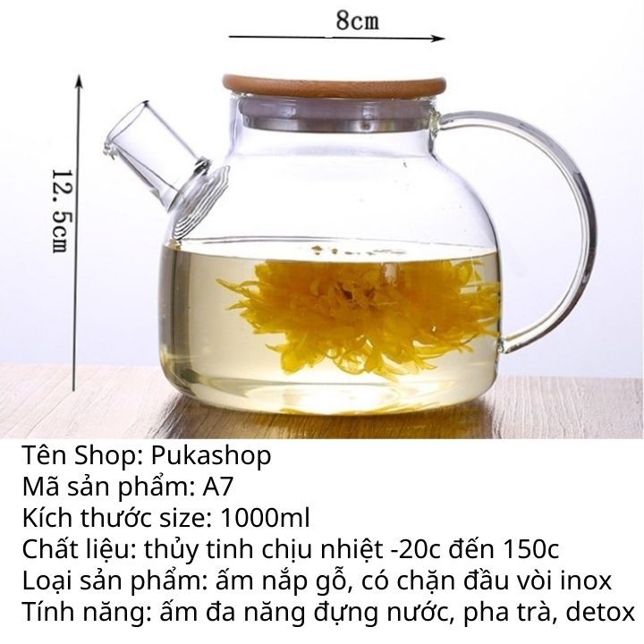 Ấm Thủy Tinh Nắp Gỗ Có Chặn Đầu Vòi Puka A7